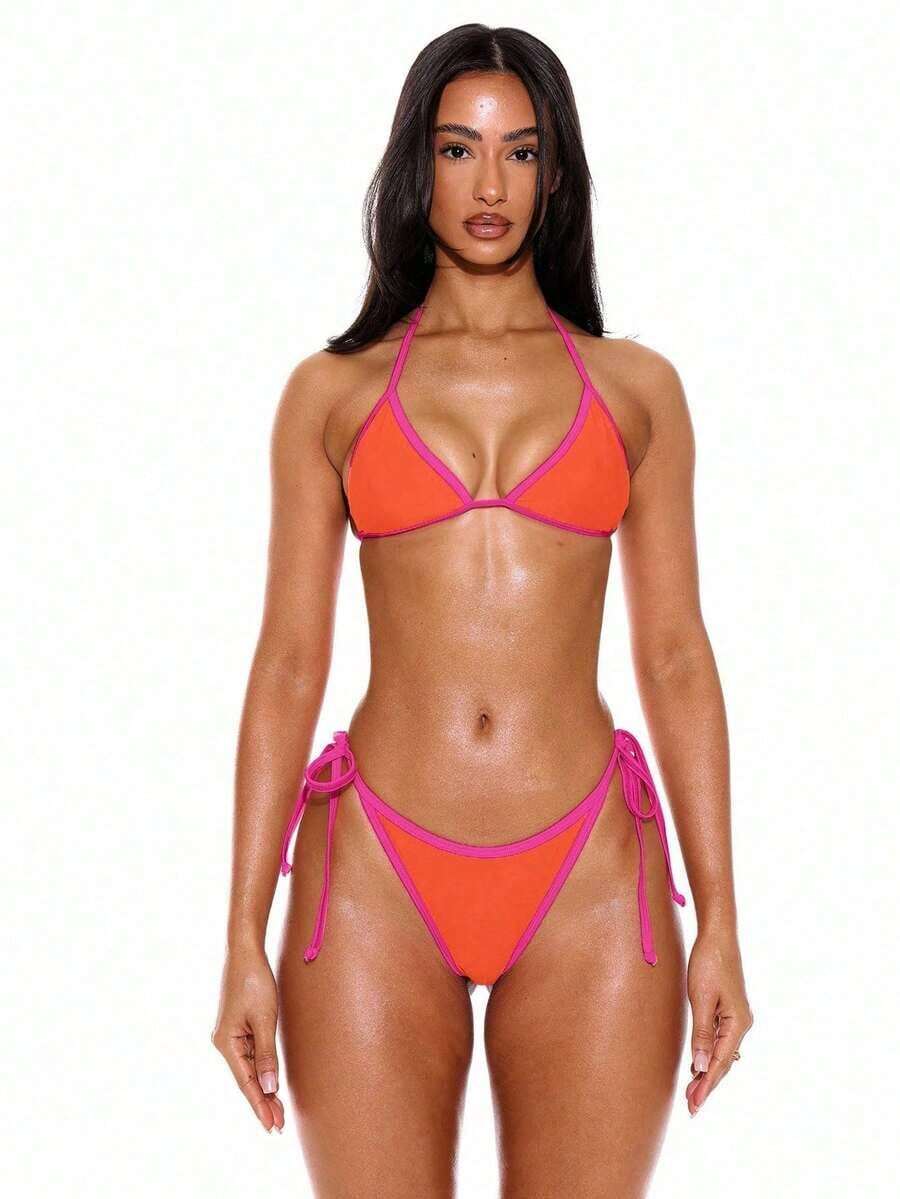 Top de Bikini Triangular con Cuello Halter y Ribete en Contraste de  Resort, Top, Verano, Primavera, Vacaciones,, Ropa de Playa Ibiza, Color Sólido - Multicolor - Ver 1