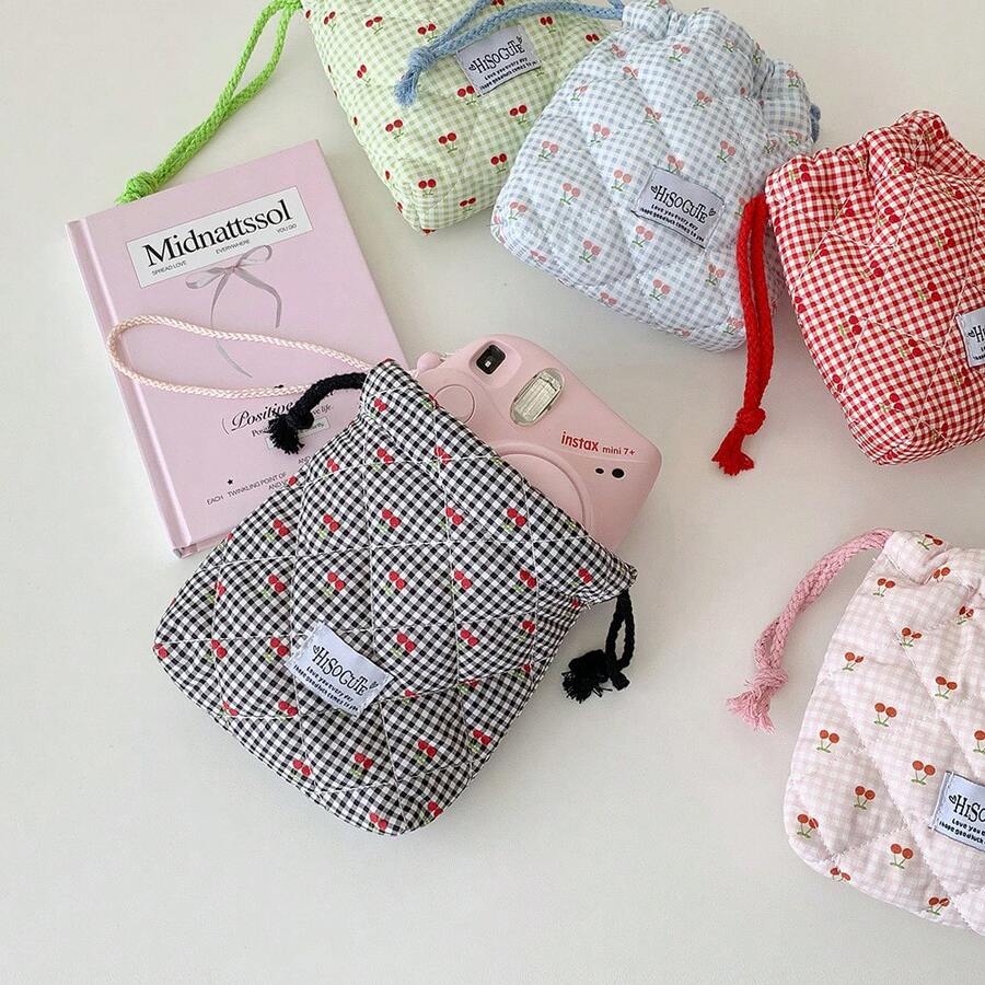 Bolsa de cosméticos con cordón y diseño de cereza de estilo coreano, bolsa linda para estudiantes, organizador de artículos de tocador de viaje, gran capacidad, diseño con cordón para un almacenamiento fácil - Multicolor - Ver 1