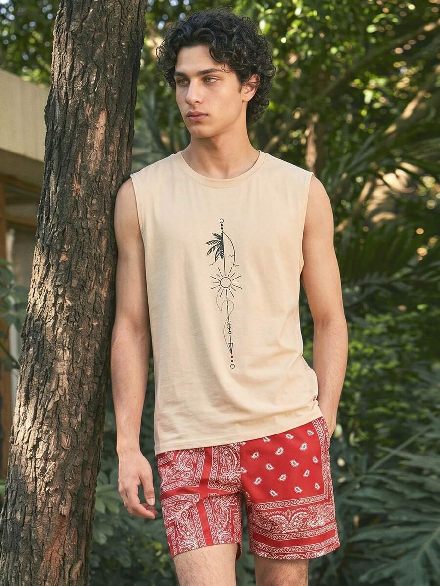 Men's Casual Sun Print Sleeveless Tank Top, Summer , Retro American, Unisex, Relaxed Fit Summer Outfits – Suitable For Everyday Wear And Summer Holiday Outfits. - Khaki - View 1