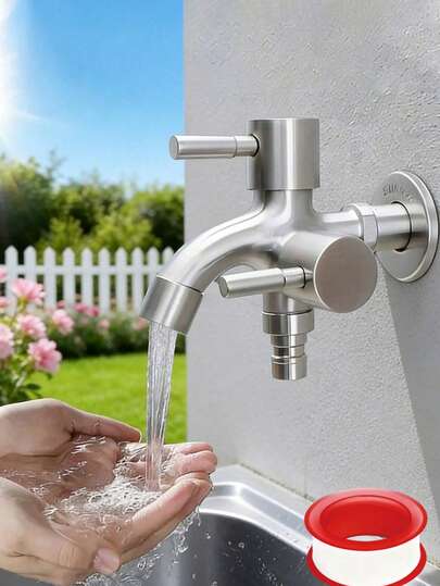 Hochwertige Edelstahl Doppel-Armatur, Multifunktions-Bewässerungsarmatur mit getrennter Heiss- und Kaltsteuerung, rostfrei für Innen- und Außenbereich, G1/2 Metrik-Gewindeverbindung, mit Verschlussventil ausgestattet, Wandmontage-Design, inklusive Montagezubehör, geeignet für Rasenbewässerung, Waschmaschine, Dusche, Badewanne und Gartenschlauch-Anschluss, modernes Haushaltszubehör