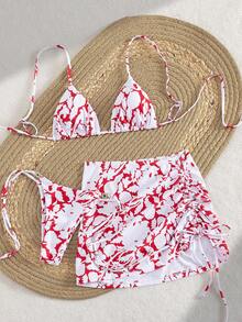 3pcs/Set Allover Print Sexy Backless Drawstring Swimwear, Suitable For Spring, Summer, Beach, Stage And Concert Vacation - Red and White - View 4