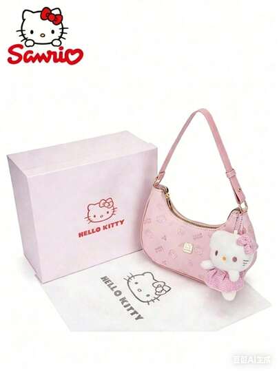 SANRIO 1 pieza Bolso de axila con estampado de Hello Kitty rosa claro, decoración con estampado de cabeza, lazo y letra de Hello Kitty clásico en todo el diseño, con elegante placa de metal dorado, hecho de material de piel de PU resistente al desgaste, Body de bolso en forma de media luna con líneas suaves, gran capacidad para guardar teléfono, lápiz labial, borla de maquillaje