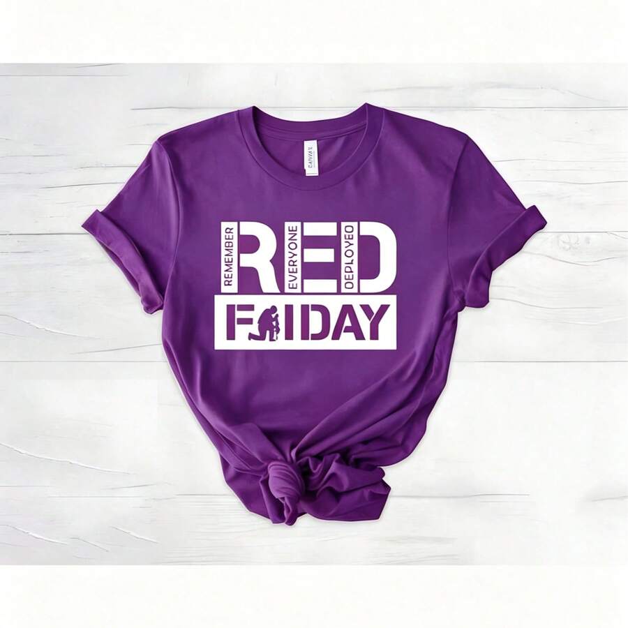 May 5th Day Casual T-Shirt 100% Cotton Women's Summer Top. On Fridays We Wear Red Shirts, We Wear Red To Remember Everyone's Deployment. American Flag American Veterans T-Shirt, American Flag T-Shirt 180g Breathable Cotton Tee, All Match - 紫色 - 查看 1