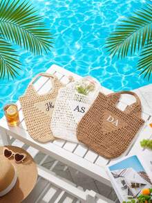 Túi tote đi biển bằng sợi raffia thêu cá nhân hóa, Túi tote đi biển cá nhân hóa, Túi xách có quai thêu chữ cái đầu tên, Túi du lịch cho bé gái, Túi đi biển bằng sợi raffia, Túi quà tặng tiệc độc thân, Túi đi biển thêu - Nhiều màu - Xem 6