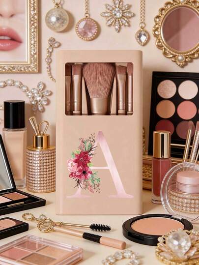 5pcs/Set Portable Makeup Brush Set With Mirror, Printed Pink Flower Letters A-Z, Boxed Makeup Brush Set, Multi-Functional Makeup Brush With Mirror Box, Mini Multi-Functional Makeup Pen, Foundation Make-Up Up Brush