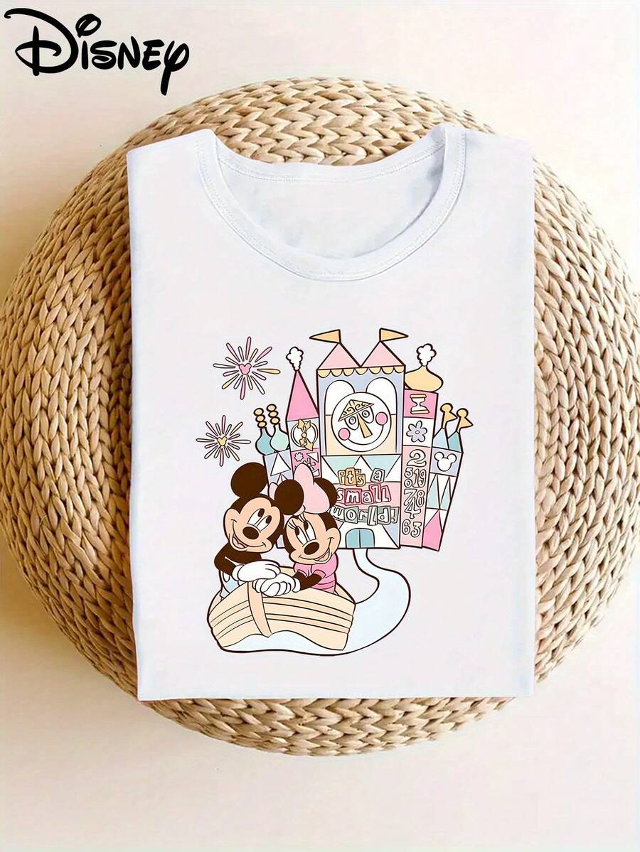 Disney Women's T-Shirt Authorizes Mickey Minnie Print Soft Elastic Casual Short Sleeved Top, Fashionable Short Sleeved Round Neck T-Shirt, Women's Clothing - 白色 - 查看 1