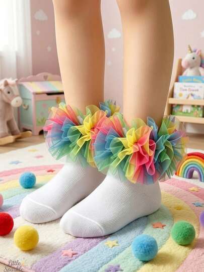 1 đôi tất voan xếp ly kiểu công chúa cho bé gái, tất xếp ly màu cầu vồng phù hợp cho trẻ nhỏ, tuyệt vời để phối với váy và nhiều dịp khác nhau.