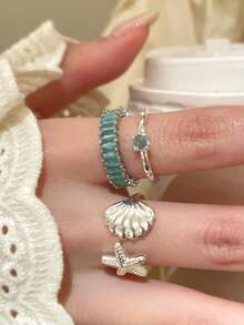 3 piezas/Set Anillos abiertos de moda con decoración de concha & estrella de mar, adecuados para el uso diario de las mujeres - Plateado - Ver 6