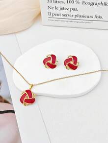 Set de bijuterii romantic din oțel inoxidabil cu smalt geometric pentru femei, set colier și cercei, hipoalergenic, rezistent la oxidare, accesoriu de plajă de vară pentru logodnă - Stil geometric împletit - Vizualizare 5