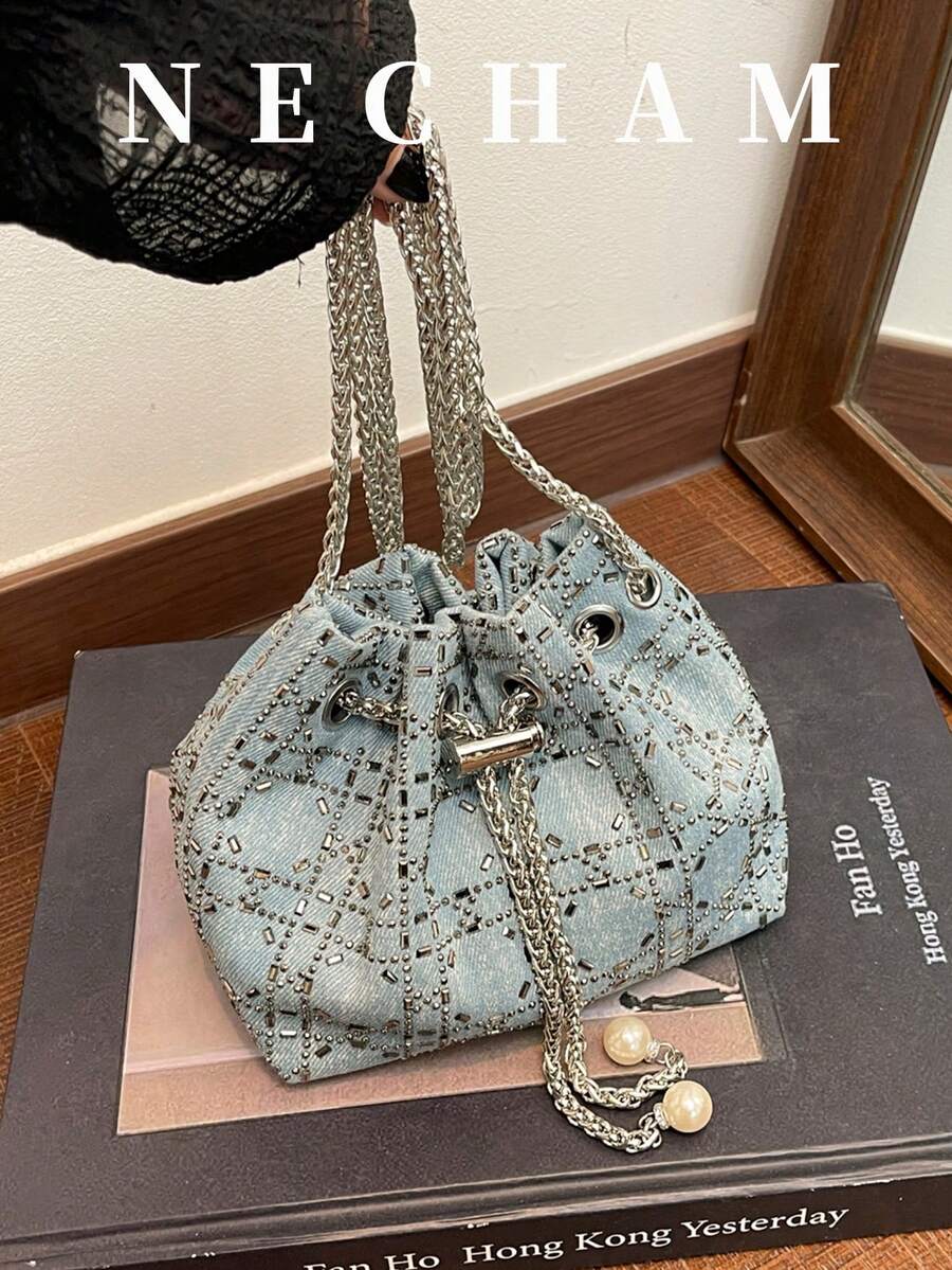 1个镶钻水桶包，时尚百搭别致单肩包 - 藍色 - 查看 1