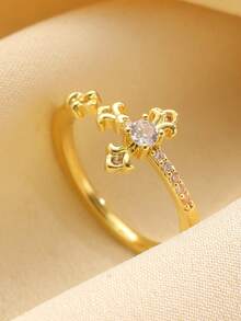 1pc Luxury Iris Flower Cross Rhinestone Adjustable Open Ring, Fashionable Elegant Minimalist Versatile, Suitable For Daily Wear, Dates, Weddings, A Gift For Her - Yellow Gold - View 7