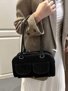 1件装极简复古拉链装饰肩带口袋双提手女士日常休闲通勤手提包 - 黑色 - 查看 4