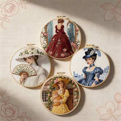 Vintage Girl Series Embroidery Material Pack, Palace/French/British/Pastoral Style, Beginner-Friendly DIY Home Decor Set