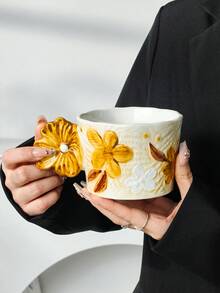 花卉手柄复古浮雕创意陶瓷马克杯,手绘釉下彩早餐牛奶杯/咖啡杯,办公室拿铁艺术冷萃浓缩咖啡杯,高雅下午茶杯,纪念品/生日礼物 - 彩色 - 查看 3