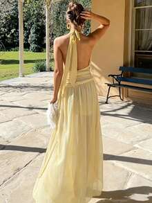 NOVELLE Women's Pale Yellow Deep V-Neck Sleeveless Maxi Dress, Elegant Sexy Waist-Cinched Open Back Chiffon Dress With Star Decor, Suitable For Summer Vacation, Dates, Parties And Formal Events - Yellow - View 5