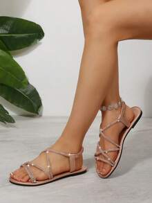 Sandal một ngón quai chéo đính đá lấp lánh, giày bệt đế mềm thoải mái cho nữ, sandal dự tiệc mùa hè, phong cách giản dị, thanh lịch kiểu cổ tích. - Rượu sâm banh - Xem 5