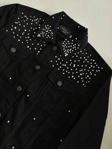 pthirillo Women's Black Denim Jacket Maxi Oversized Denim Black Cotton Long Sleeve Premium Street Style Retro Casual Loose Fit With Pockets Cowboy Style Show Pearls | Basic - 珍珠和水鑽 - 查看 2