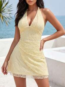 Women's Light Yellow Lace Halter Mini Dress Backless Sleeveless Fit And Flare Short Dress Summer Fall Romantic Vacation Resort Date Party Festival - Yellow - View 7