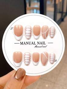 JUTI Short Almond Shaped Press-On Nails, 100% Handmade, Nude Base Color, White V-Shaped French Tips, Hand-Painted Bubble Stripes And Curved Lines, Glossy Finish, Suitable For Daily Wear, All Seasons, Set Includes 1 Nail File And Jelly Glue - Multicolor - View 1