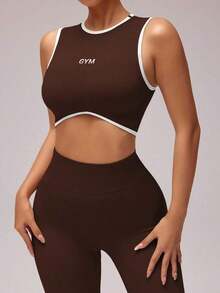 Women Letter Graphic Cropped Tank Top And Leggings Sports Set, Summer Workout Women Sets - 咖啡棕 - 查看 7