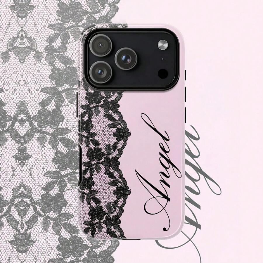 Gothic Lace & Cursive Text Phone Case Suitable For IPhone 17 16 16E 15 14 13 12 11 Pro Max Air X XR XSMAX 8 7 Plus Anti-Shock Hard PC Double-Layer Back Cover - Multicolor - View 1