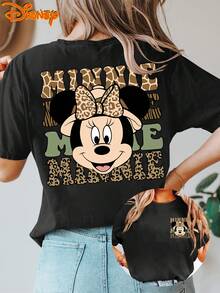 Disney Women's T-Shirt  Short-Sleeve Vintage Cartoon Adventure Minnie Leopard Print Letter Double-Sided Printed Round Neck Summer T-Shirt, Suitable For Spring, Summer, And Autumn, Perfect For Disney ' Trips, Stylish Casual Daily Commuting, Vacation - màu đen - Xem 6