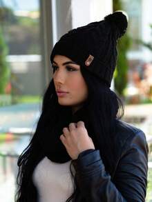 Kit Touca + Cachecol Infinito Tricot com Pompom Moda Inverno Feminino 2026 - Preto - Visão 6