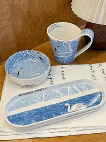 1 Set Hand-Painted Ice Lake Swan & Falcon Artistic Ceramic Dinnerware Set, Ins-Style Luxury Artistic Coffee Latte Mug, Dessert Cake Plate, Snack Plate, Large Oval Tray, High-End Home Dining Ware, Suitable For Restaurant, Living Room, Kitchen, Gift, Gathering - Multicolor - View 7