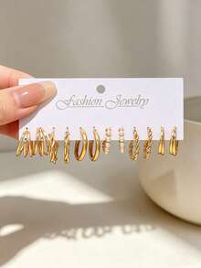 12/48pcs Elegant & Exquisite Gold Tone Earring Set, Unique Geometric Twisted Pearl Design, Versatile Fashion Accessory, Sweet Gift For Female Friends - Gold - View 4