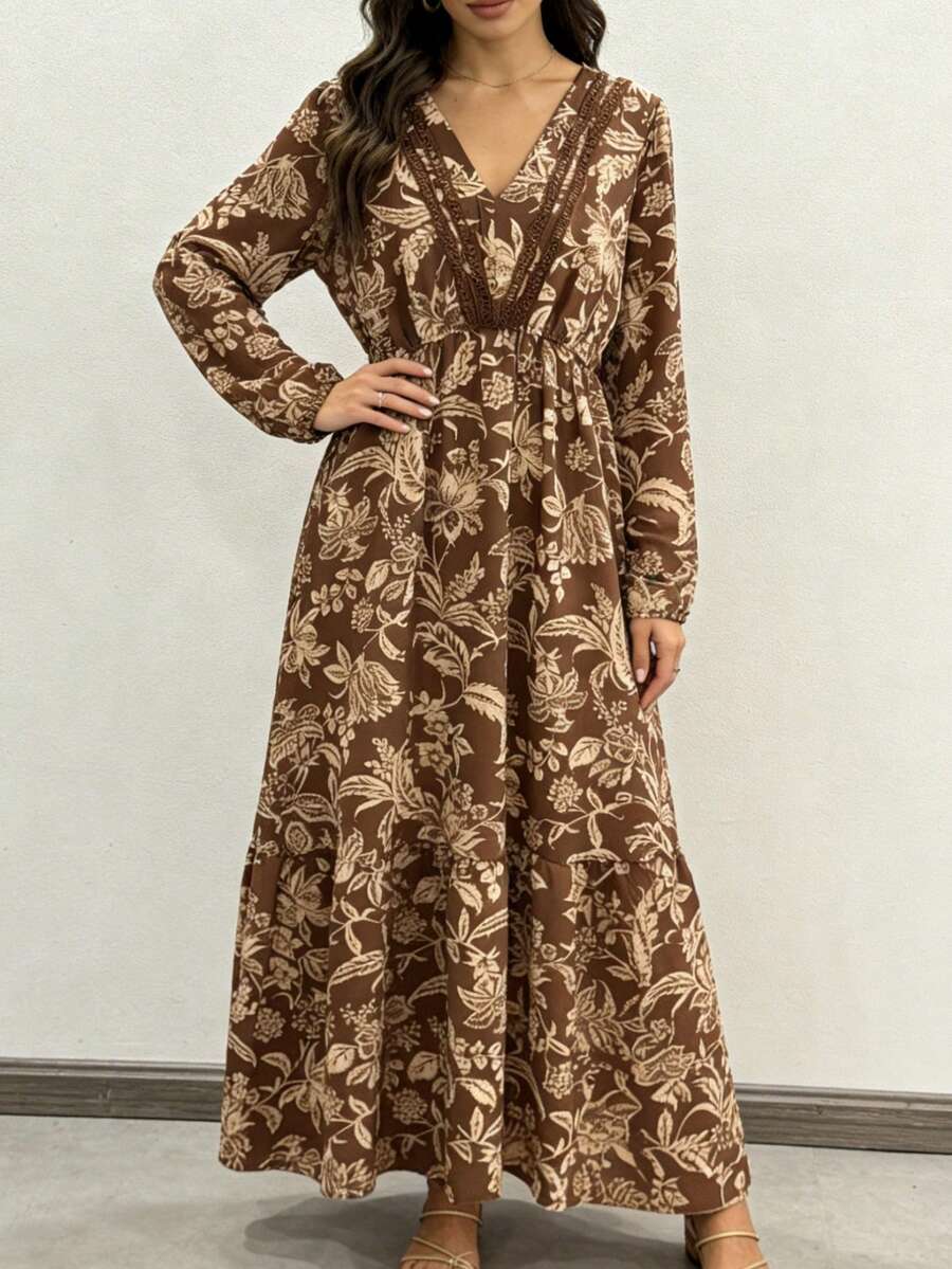 Womens Bohemian Floral Midi Dress V Neck Long Sleeve Smocked Waist Ruffle Tiered Swing Dress Casual Summer Sundress For Wedding Guest, Vacation, Daily Wear - Màu nâu tối - Xem 1
