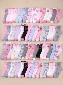 20/10/5 Pairs Of Children's Socks, Girls' Socks, Children's Socks, Children's Round Neck Socks, Girls' Socks, With Bows, Hearts, Dots, Printed Embroidery, 3D Printed Flowers, Suitable For Girls' Daily Life/Wear, Breathable, Comfortable, Soft, Skin Friendly, Suitable For School Season Wear, Suitable For 1-16 Year Old Girls' Birthday Gifts, Suitable For 1-16 Year Old Children, Suitable For Parties, Random Colors - Multicolor - View 1