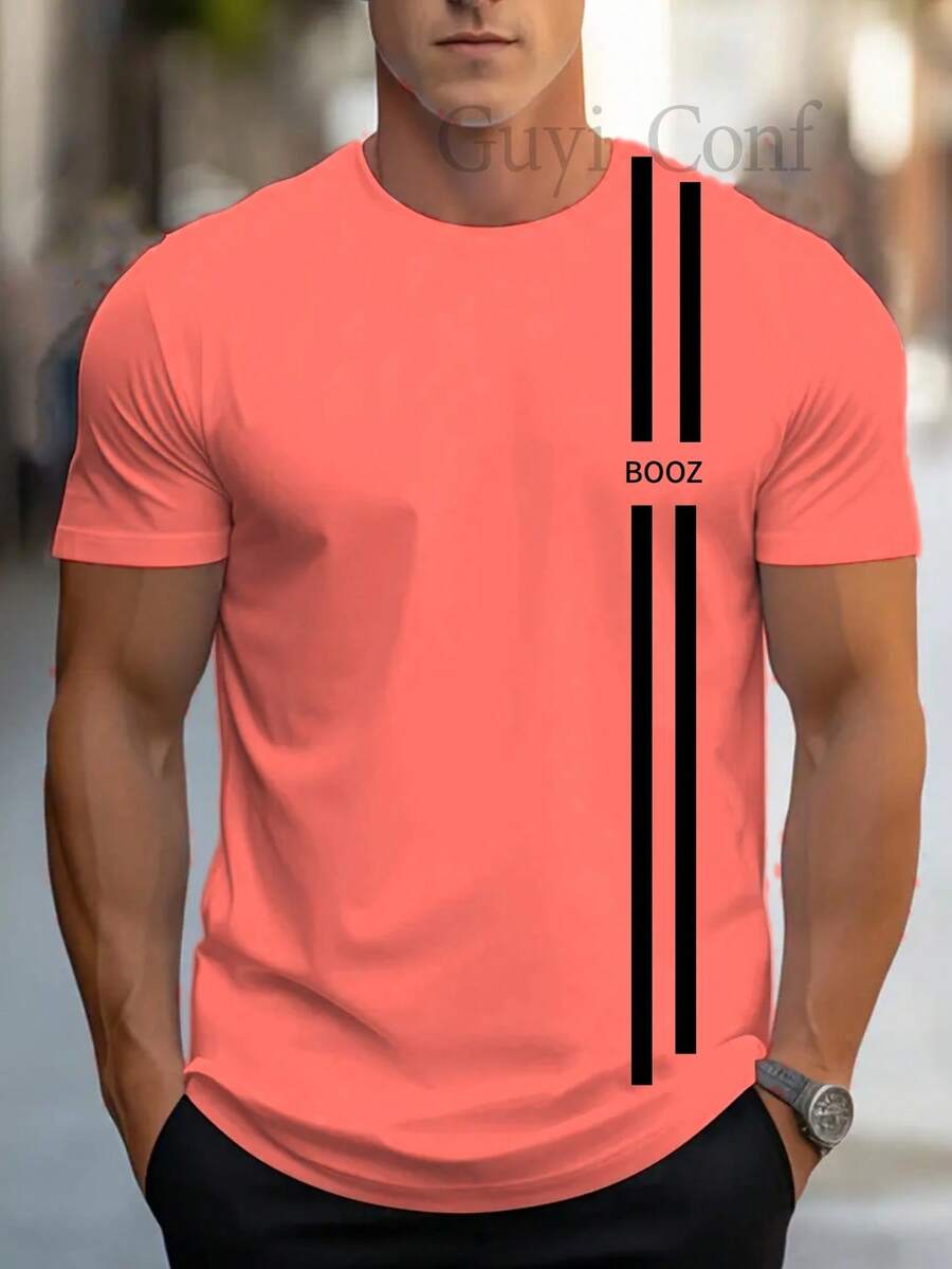 Men's Short-Sleeved Crew Neck Striped T-Shirt BOOS - 珊瑚橙 - 查看 1