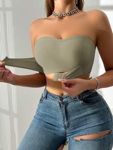 1pc Front Closure Ribbed Women's Bra, Front Hook Padded Bra, Strapless Bandeau, Can Replace Your Own Preferred Cup Pads - Grey - View 3