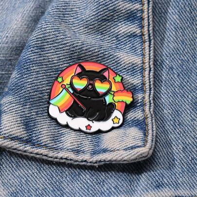 Ghim cài áo hình mèo đen cầu vồng tráng men, phụ kiện trang trí thời trang, huy hiệu cài áo, túi xách, quà tặng trang sức.