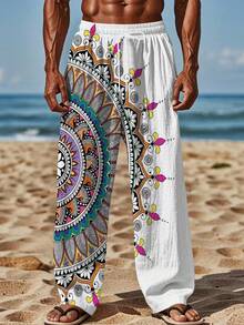 Mandala Sunburst Design Symbolizing Harmony And Energy Blending Vivid Orange Teal And Magenta Tones Beach Pants For Summer Coastal Style - 白色 - 查看 4