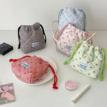 Bolsa de cosméticos con cordón y diseño de cereza de estilo coreano, bolsa linda para estudiantes, organizador de artículos de tocador de viaje, gran capacidad, diseño con cordón para un almacenamiento fácil - Multicolor - Ver 3
