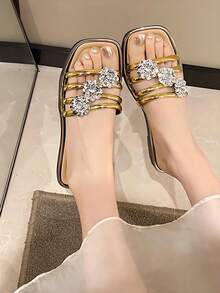 Nuevas sandalias de playa para vacaciones de verano,diseño moda,punta cuadrada,sandalias con flor de strass para mujer,pantuflas planas ligeras ideales para uso diario y salidas - Dorado - Ver 3