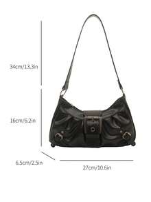 Pleated Underarm Bag, Retro Metal Buckle Fashion Versatile Shoulder Bag - Black - View 2