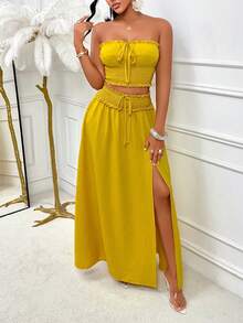 Bộ đồ thanh lịch dành cho nữ: áo croptop cúp ngực, viền bèo nhún kết hợp với chân váy xẻ tà xếp ly, phù hợp cho cả tiệc tùng và mặc hàng ngày. - Màu vàng - Xem 5