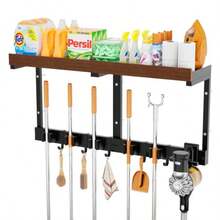 Broom Holder Wall Mount With Cleaning Supplies Organizer Laundry Room Shelves With Mop Hanger Rack Gripper Hooks And Vacuum Organizer Broom And Mop Organizer Wall Hanging For Home Garage Kitchen - màu đen - Xem 8