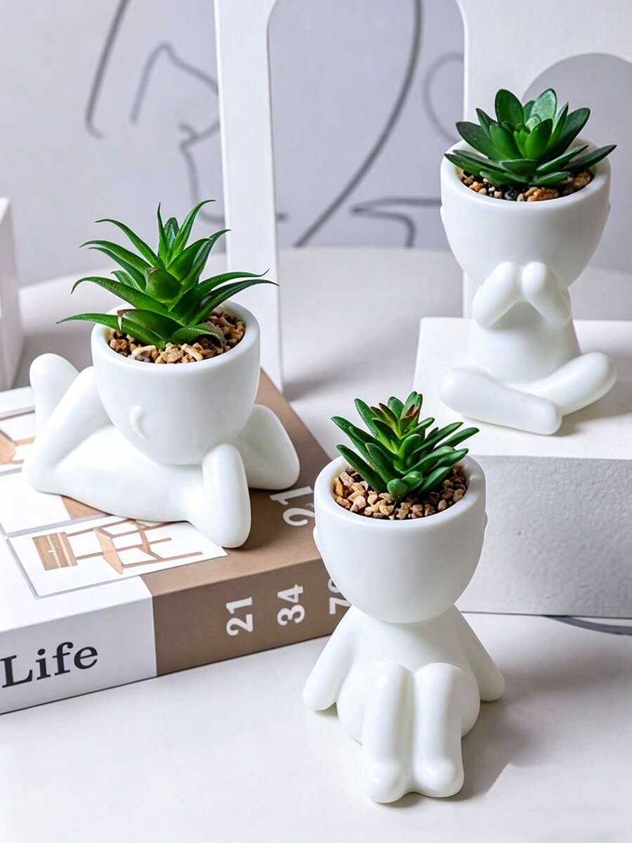 1/3 cây xương rồng nhân tạo, cây xương rồng nhỏ trồng trong chậu, ba hình dạng để lựa chọn, chậu trắng, hình hoạt hình, chất liệu PP, chất liệu PE, màu xanh lá cây, trang trí bàn, trang trí nhà cửa, trang trí sân vườn, trang trí trường học, ký túc xá, văn phòng. - trắng - Xem 1