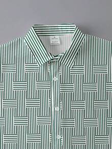 Men's Striped Geometric Patchwork Long Sleeve Shirt, Business Casual Style, Unique Fashion Design, Slim Fit, Lightweight 100% Polyester Fabric, Daily Commute Versatile Niche Style Cardigan Top - Mint Green - View 4