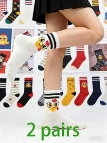 1/2 Pairs Cartoon Chick Print Striped Mid-Calf Socks, Unisex Breathable Comfortable Athletic Socks, Cute Chick Design, Black & White Stripes, Versatile For Students And Couples - Multicolor - View 11