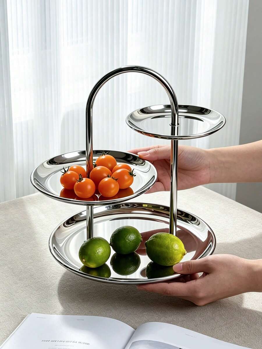 1pc Luxury Stainless Steel Mirror Fruit Plate, Niche Creative Dessert Stand, Nordic Style Stainless Steel Fruit Rack, Elegant Cake & Snack Stand, Exquisite Afternoon Tea Dessert & Snack Rack, Luxury Multi-Layer Fruit Plate Storage Tray, Living Room Coffee Table Decor, Suitable For Cafe, Restaurant, Living Room, Dessert Shop, Wedding, Party - Silver - View 1