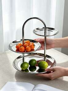 1pc Luxury Stainless Steel Mirror Fruit Plate, Niche Creative Dessert Stand, Nordic Style Stainless Steel Fruit Rack, Elegant Cake & Snack Stand, Exquisite Afternoon Tea Dessert & Snack Rack, Luxury Multi-Layer Fruit Plate Storage Tray, Living Room Coffee Table Decor, Suitable For Cafe, Restaurant, Living Room, Dessert Shop, Wedding, Party - Silver - View 9
