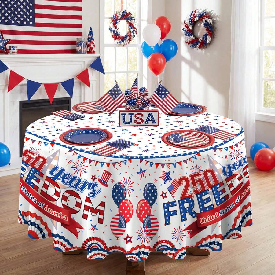 2D Flat, 1pc Patriotic 250th Anniversary Independence Day Tablecloth, Round And Rectangular Star Print Tabletop Cover, July 4th, Suitable For Patriotic Party, Home Kitchen Dining Room Decor, Applicable For Farmhouse, Kitchen, Dining Room, Living Room, Party, Picnic, Camping, BBQ, Holiday Decoration - Multicolor - View 1