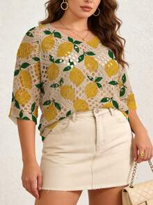ASHKATIA Cubrecuerpo de punto para mujer talla grande, cubrecuerpo de playa de verano, estampado retro de limón, estilo bohemio, cuello en V manga 3/4 para vacaciones de primavera - Multicolor - Ver 1