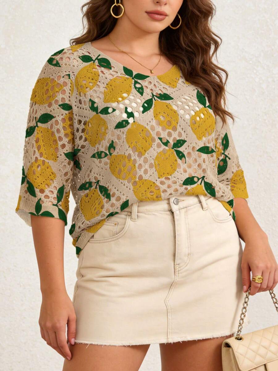 ASHKATIA Cubrecuerpo de punto para mujer talla grande, cubrecuerpo de playa de verano, estampado retro de limón, estilo bohemio, cuello en V manga 3/4 para vacaciones de primavera - Multicolor - Ver 1