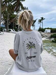 TopsWomen's Casual Round Neck Palm Tree & Letter Print Vacation Style Short Sleeve T-Shirt Top, White & Pink Women's Summer Cotton Short Sleeve T-Shirt, Beach Vacation, Literary & Fresh StyleLoose And Comfortablesummer Tops - 淺藍色 - 查看 7