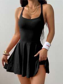 Womens Workout Tennis Dress With Built In Shorts Athletic Golf Activewear For Exercise, Backless Twist Sports Yoga Outfits - màu đen - Xem 3